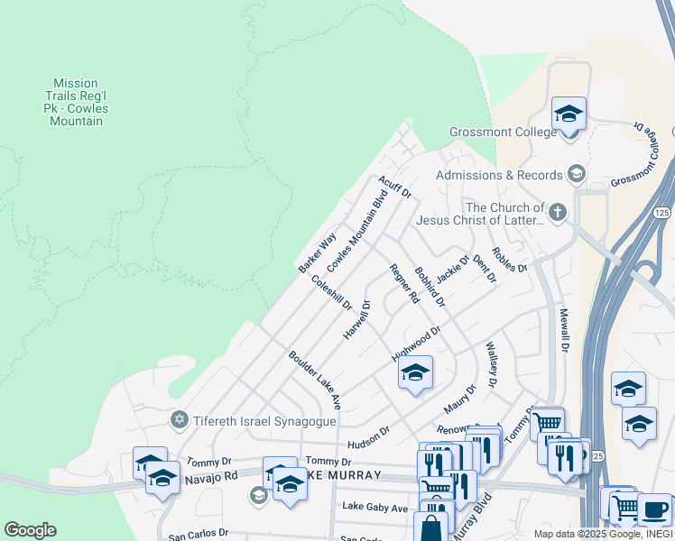 map of restaurants, bars, coffee shops, grocery stores, and more near 7151 Cowles Mountain Boulevard in San Diego