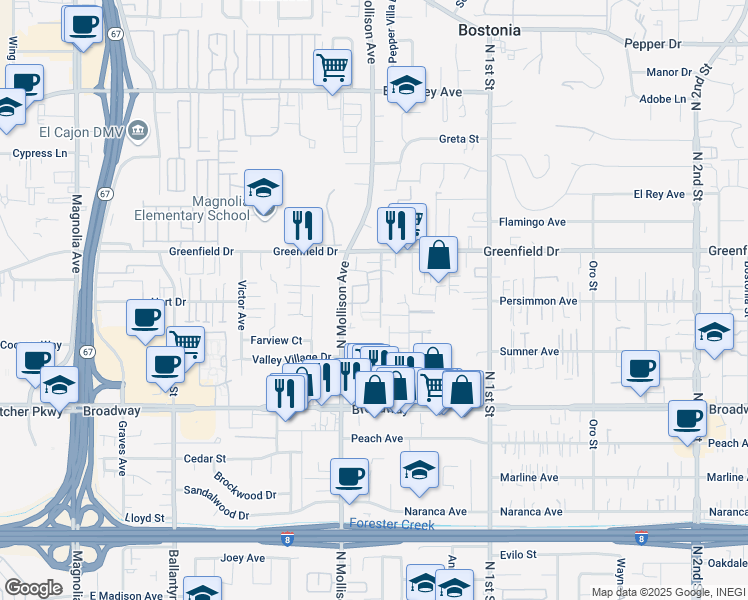 map of restaurants, bars, coffee shops, grocery stores, and more near 1148b Denver Lane in El Cajon