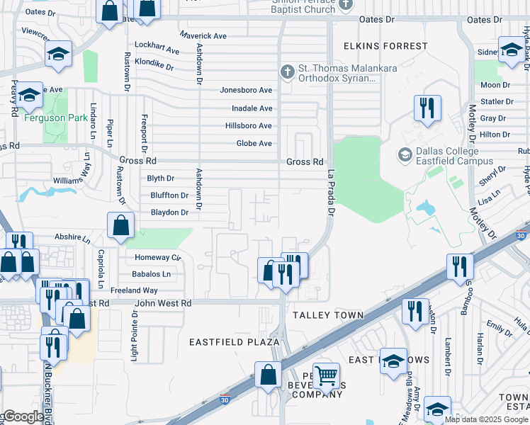 map of restaurants, bars, coffee shops, grocery stores, and more near 8702 Shiloh Road in Dallas
