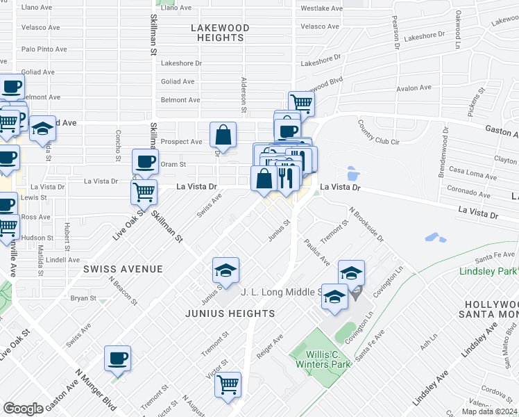 map of restaurants, bars, coffee shops, grocery stores, and more near 720 Nesbitt Drive in Dallas