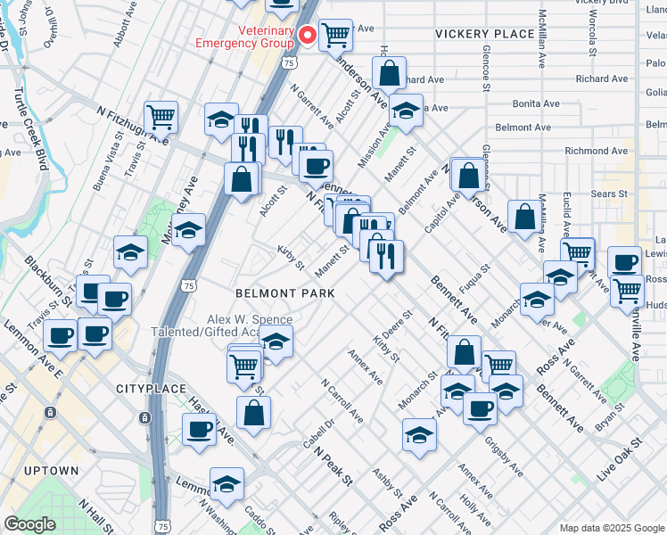 map of restaurants, bars, coffee shops, grocery stores, and more near 4721 Belmont Avenue in Dallas