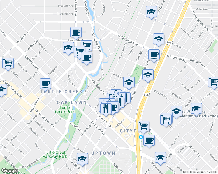 map of restaurants, bars, coffee shops, grocery stores, and more near 3312 Blackburn Street in Dallas