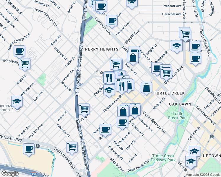 map of restaurants, bars, coffee shops, grocery stores, and more near 3002 Knight Street in Dallas