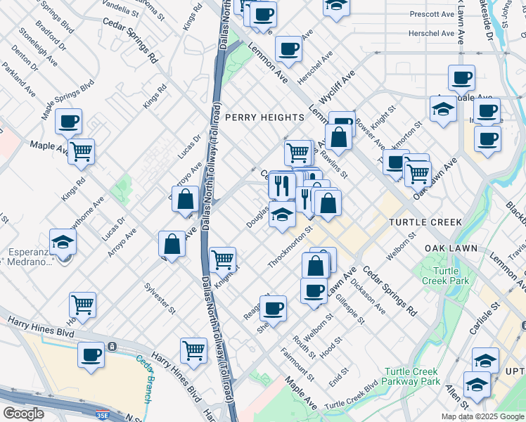 map of restaurants, bars, coffee shops, grocery stores, and more near 2800 Douglas Avenue in Dallas