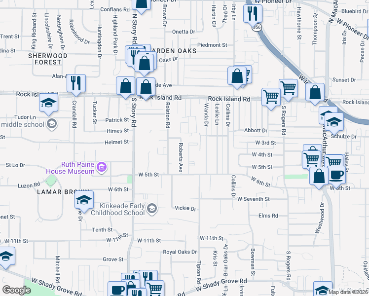 map of restaurants, bars, coffee shops, grocery stores, and more near 402 Roberts Avenue in Irving
