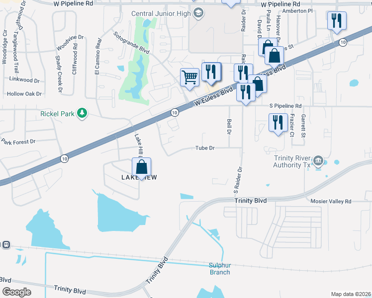 map of restaurants, bars, coffee shops, grocery stores, and more near 10520 Tube Drive in Hurst