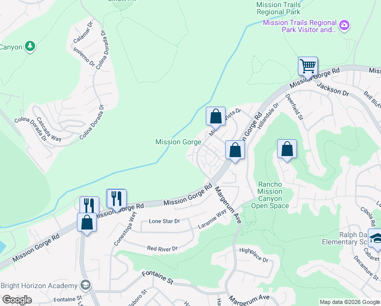 map of restaurants, bars, coffee shops, grocery stores, and more near 7890 Mission Vista Drive in San Diego
