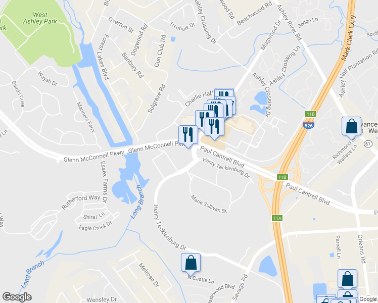 map of restaurants, bars, coffee shops, grocery stores, and more near 2126 Henry Tecklenburg Drive in Charleston