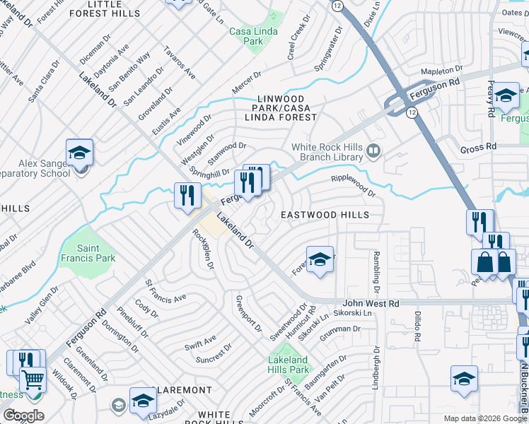 map of restaurants, bars, coffee shops, grocery stores, and more near 8850 Ferguson Road in Dallas