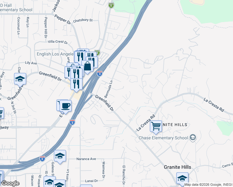 map of restaurants, bars, coffee shops, grocery stores, and more near 1255 Bermuda Terrace in El Cajon