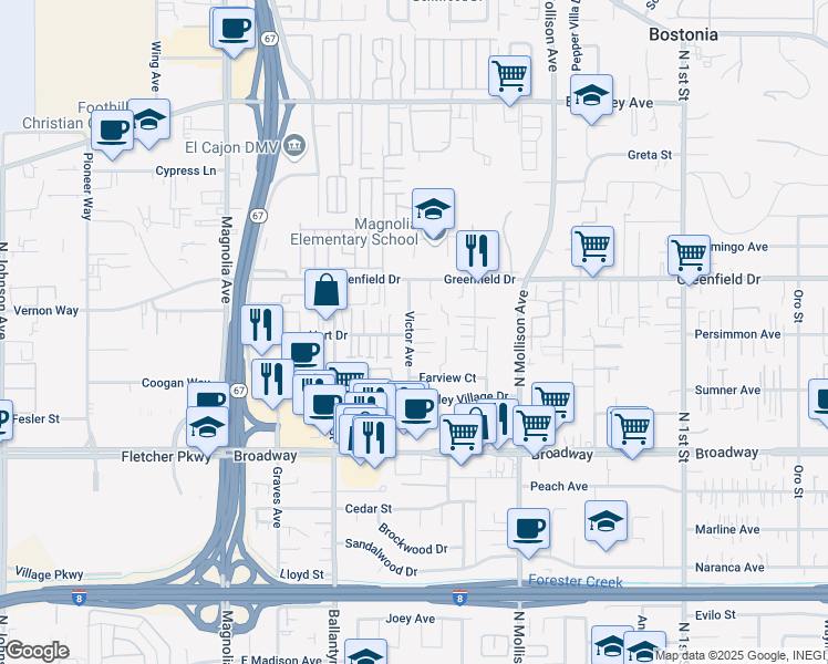 map of restaurants, bars, coffee shops, grocery stores, and more near 1209 Victor Avenue in El Cajon