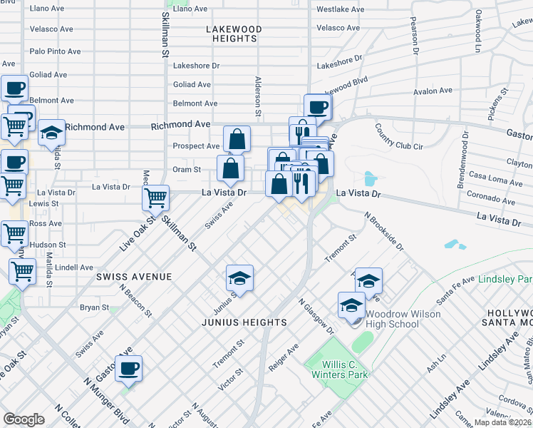 map of restaurants, bars, coffee shops, grocery stores, and more near Gaston Avenue in Dallas