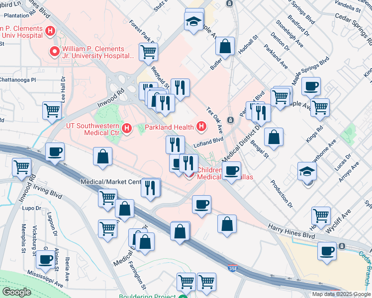 map of restaurants, bars, coffee shops, grocery stores, and more near 5118 Harry Hines Boulevard in Dallas