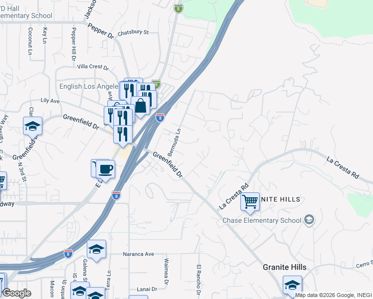 map of restaurants, bars, coffee shops, grocery stores, and more near 1255 Bermuda Terrace in El Cajon
