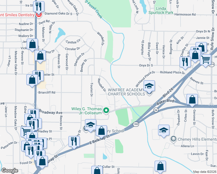 map of restaurants, bars, coffee shops, grocery stores, and more near 3404 Wendell Drive in North Richland Hills