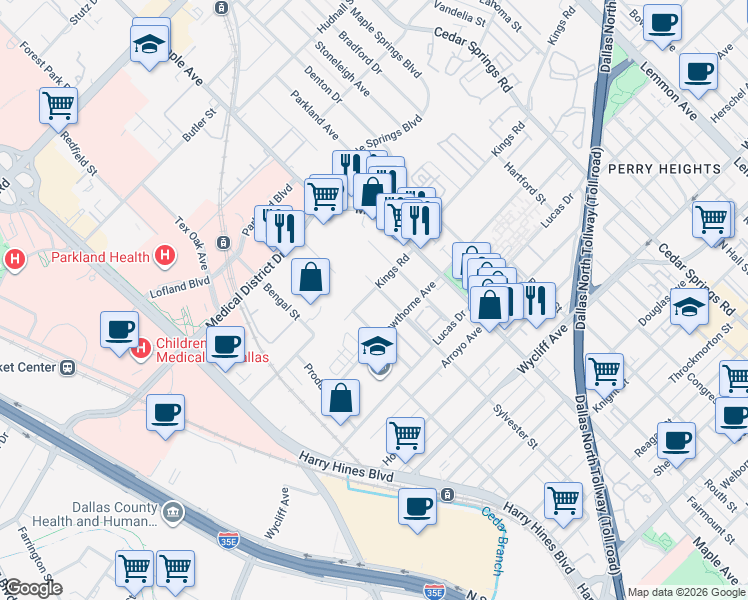 map of restaurants, bars, coffee shops, grocery stores, and more near 2313 Hawthorne Avenue in Dallas