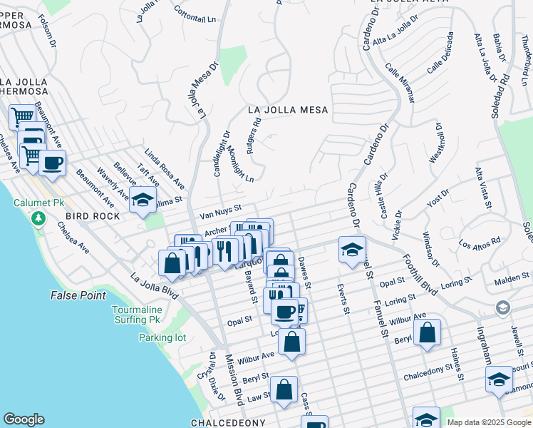 map of restaurants, bars, coffee shops, grocery stores, and more near 1020 Archer Street in San Diego