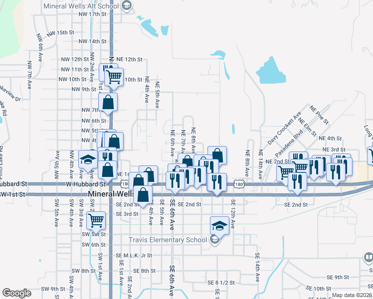 map of restaurants, bars, coffee shops, grocery stores, and more near 815 Northeast 2nd Street in Mineral Wells