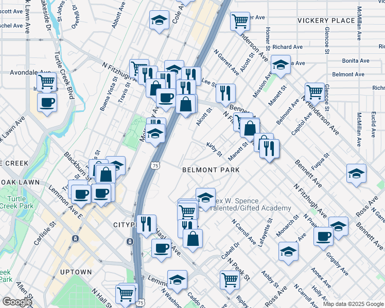 map of restaurants, bars, coffee shops, grocery stores, and more near 2802 North Carroll Avenue in Dallas