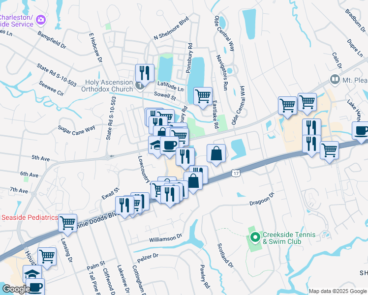 map of restaurants, bars, coffee shops, grocery stores, and more near 720 South Shelmore Boulevard in Mount Pleasant