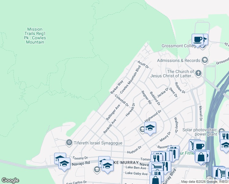 map of restaurants, bars, coffee shops, grocery stores, and more near 7111 Barker Way in San Diego