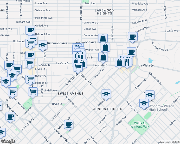 map of restaurants, bars, coffee shops, grocery stores, and more near 6204 Bryan Parkway in Dallas
