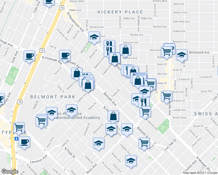 map of restaurants, bars, coffee shops, grocery stores, and more near 5023 Fuqua Street in Dallas