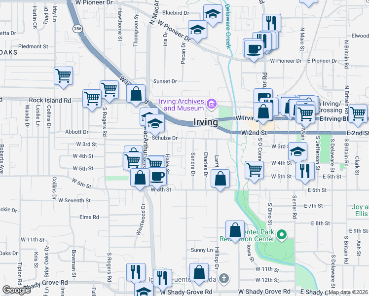 map of restaurants, bars, coffee shops, grocery stores, and more near 222 Dewey Court in Irving