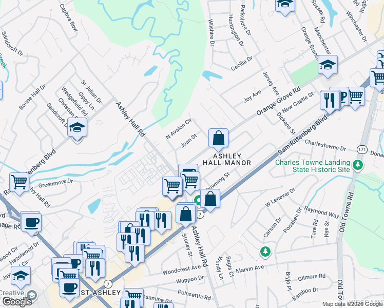 map of restaurants, bars, coffee shops, grocery stores, and more near 1538 Salisbury Street in Charleston