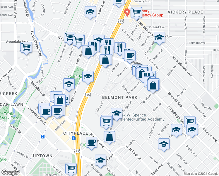 map of restaurants, bars, coffee shops, grocery stores, and more near 2802 North Carroll Avenue in Dallas