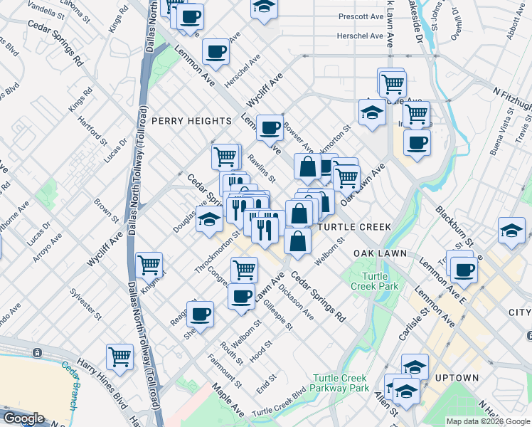 map of restaurants, bars, coffee shops, grocery stores, and more near 3113 Reagan Street in Dallas