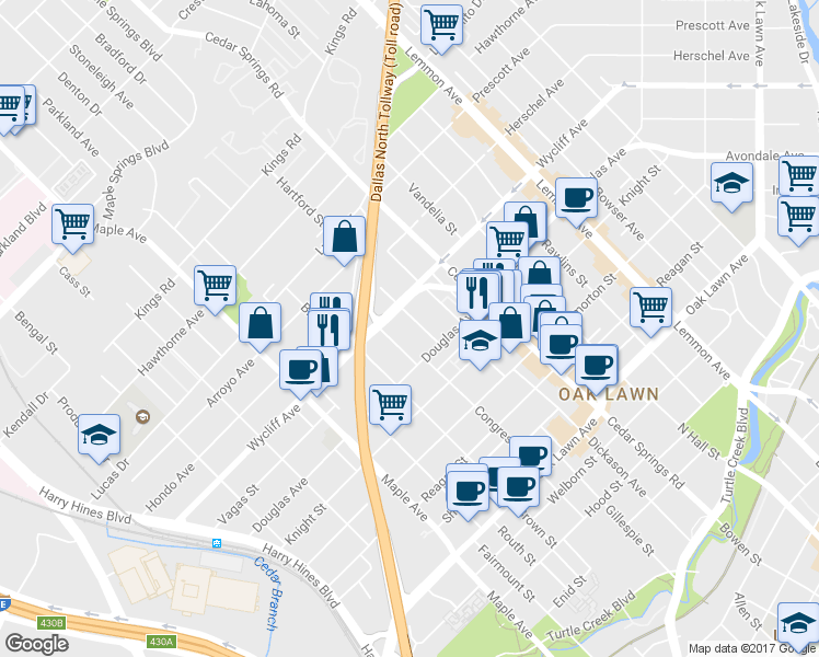 map of restaurants, bars, coffee shops, grocery stores, and more near 4300 Congress Avenue in Dallas
