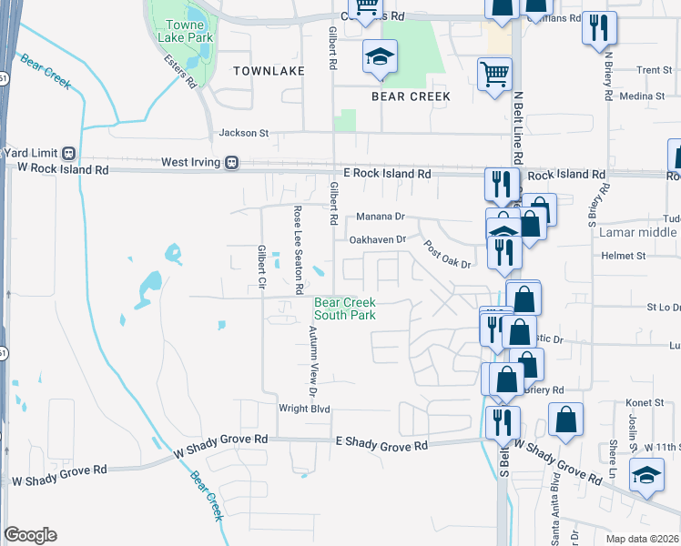map of restaurants, bars, coffee shops, grocery stores, and more near 3502 Gilbert Road in Grand Prairie