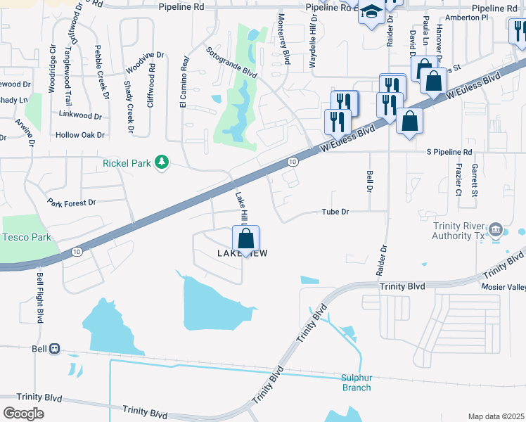 map of restaurants, bars, coffee shops, grocery stores, and more near 3516 Lake Hill Lane in Hurst