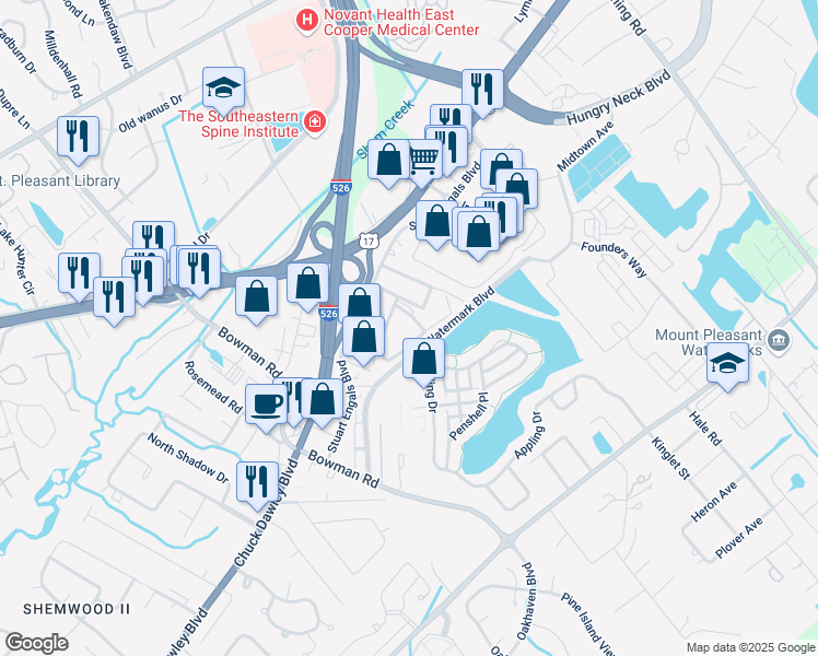 map of restaurants, bars, coffee shops, grocery stores, and more near 1445 Cambridge Lakes Drive in Mount Pleasant