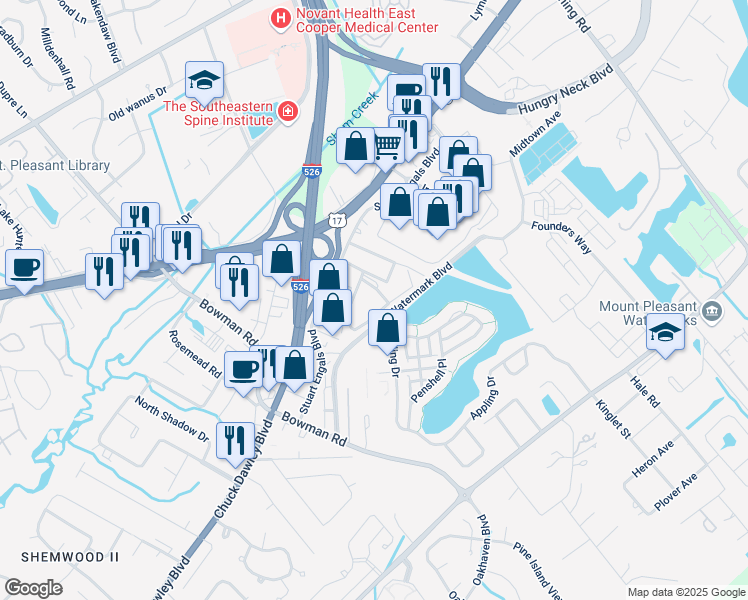 map of restaurants, bars, coffee shops, grocery stores, and more near 1571 Cambridge Lakes Drive in Mount Pleasant