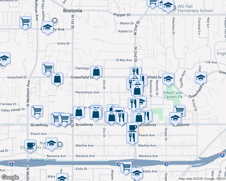 map of restaurants, bars, coffee shops, grocery stores, and more near 1234 Persimmon Avenue in El Cajon