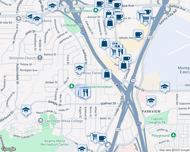 map of restaurants, bars, coffee shops, grocery stores, and more near 3752 Atlas Street in San Diego