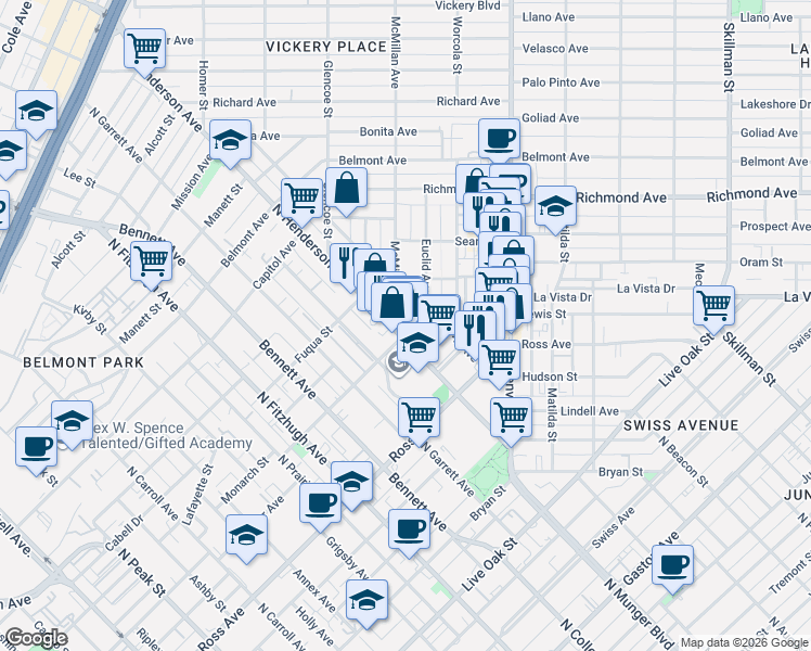 map of restaurants, bars, coffee shops, grocery stores, and more near 1804 McMillan Avenue in Dallas