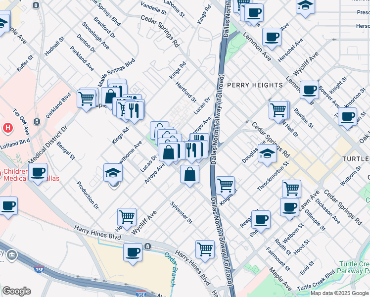 map of restaurants, bars, coffee shops, grocery stores, and more near 2600 Arroyo Avenue in Dallas