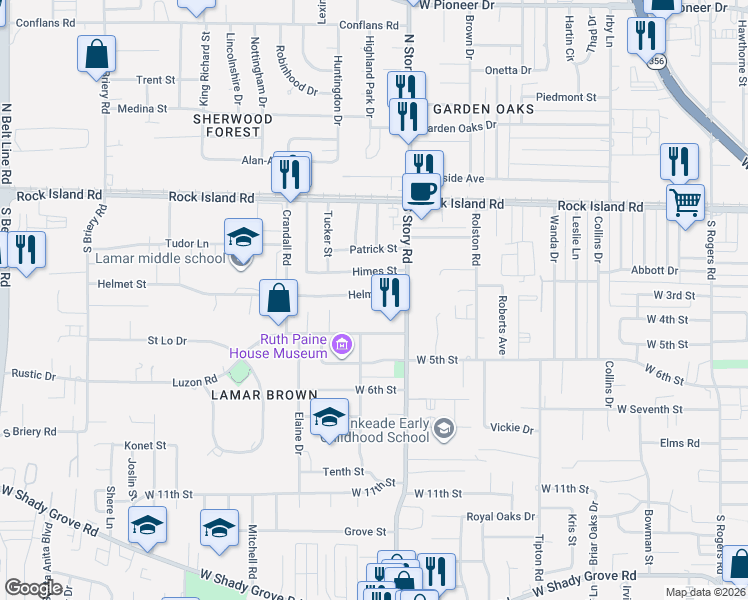 map of restaurants, bars, coffee shops, grocery stores, and more near 2502 Helmet Street in Irving