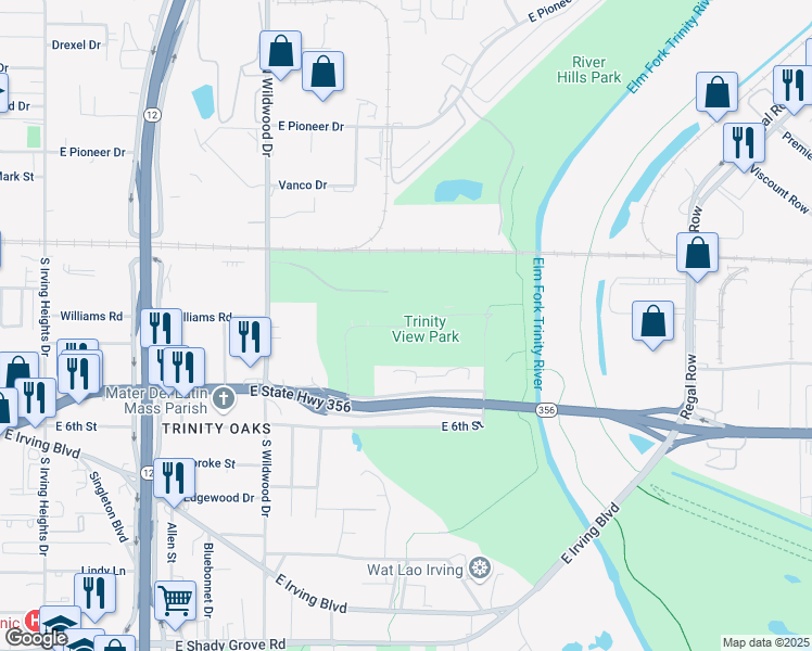 map of restaurants, bars, coffee shops, grocery stores, and more near Trinity View Park in Irving