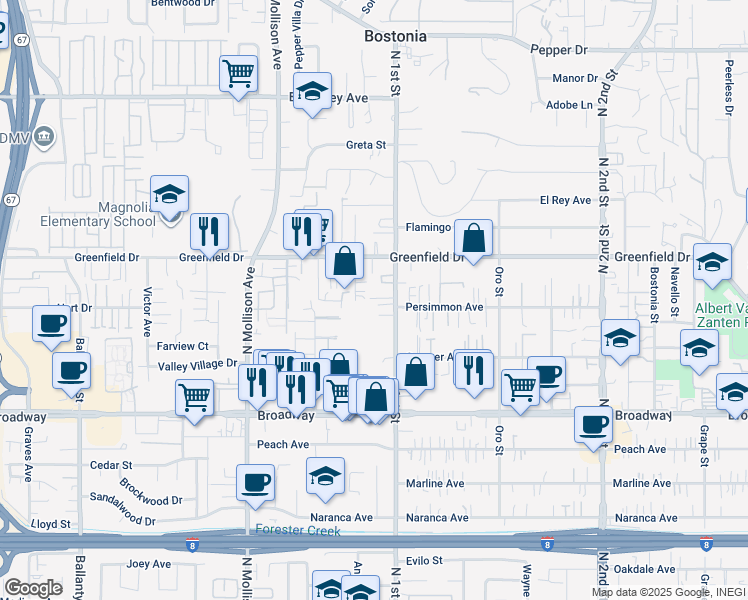 map of restaurants, bars, coffee shops, grocery stores, and more near 1214-16 North 1st Street in El Cajon