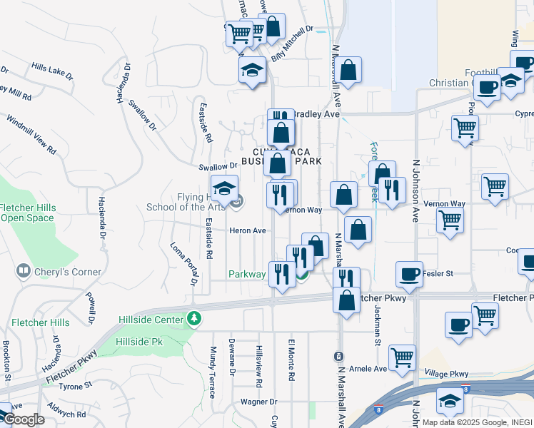 map of restaurants, bars, coffee shops, grocery stores, and more near 1286 Cuyamaca Street in El Cajon