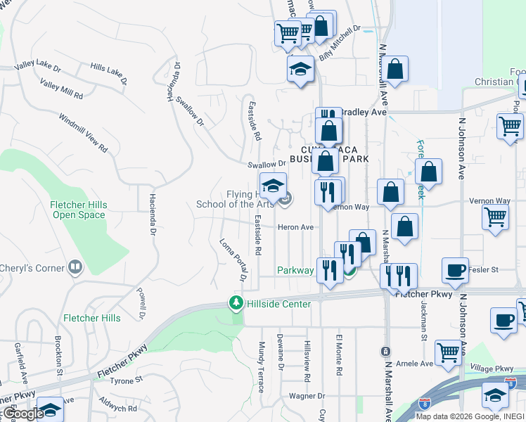 map of restaurants, bars, coffee shops, grocery stores, and more near 1311 Eastside Road in El Cajon