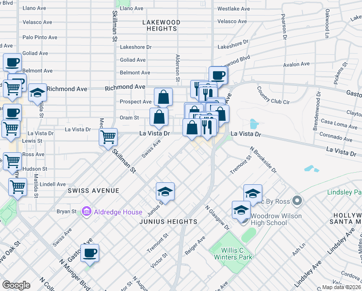 map of restaurants, bars, coffee shops, grocery stores, and more near 6224 La Vista Drive in Dallas