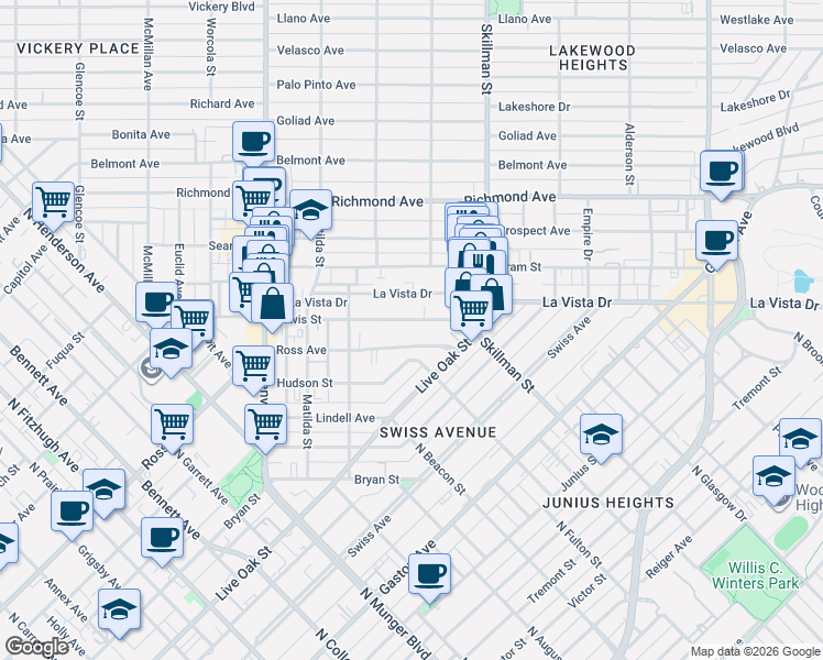map of restaurants, bars, coffee shops, grocery stores, and more near 5945 Lewis Street in Dallas