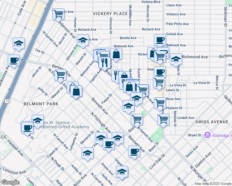 map of restaurants, bars, coffee shops, grocery stores, and more near 2110 Moser Avenue in Dallas