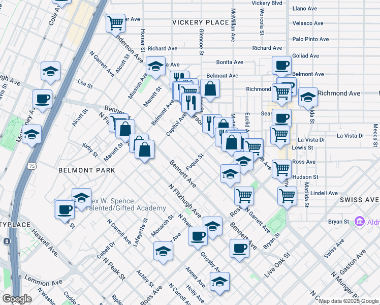 map of restaurants, bars, coffee shops, grocery stores, and more near 5171 Garrett Field Court in Dallas