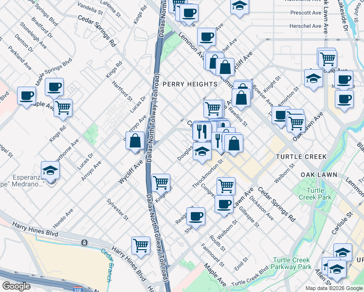 map of restaurants, bars, coffee shops, grocery stores, and more near 3003 1 Douglas Avenue in Dallas